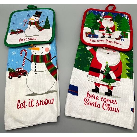 2 Homemade Holiday Christmas Handing Dish Kitchen Towels with Bell and Hot Pad - Picture 2 of 7